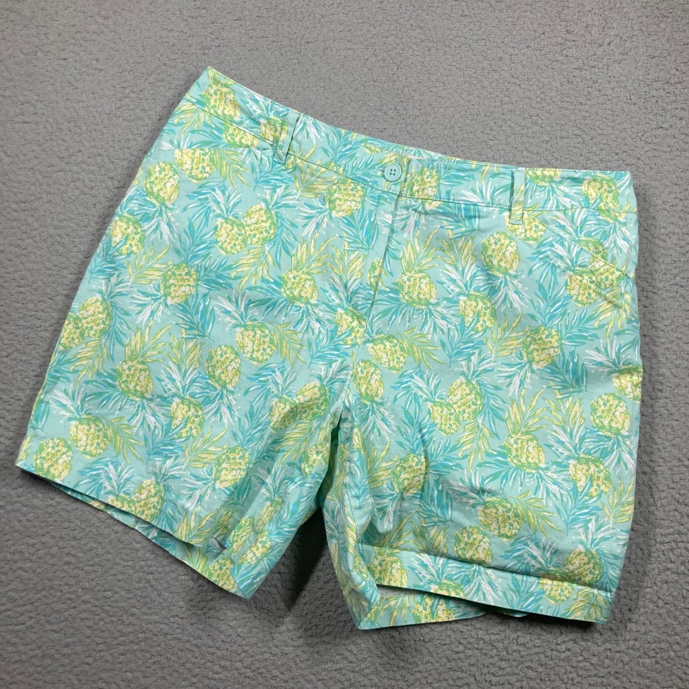Talbots Pineapple Tropical Shorts Womens 16 Mint Green Cotton Blend Mid Rise‎